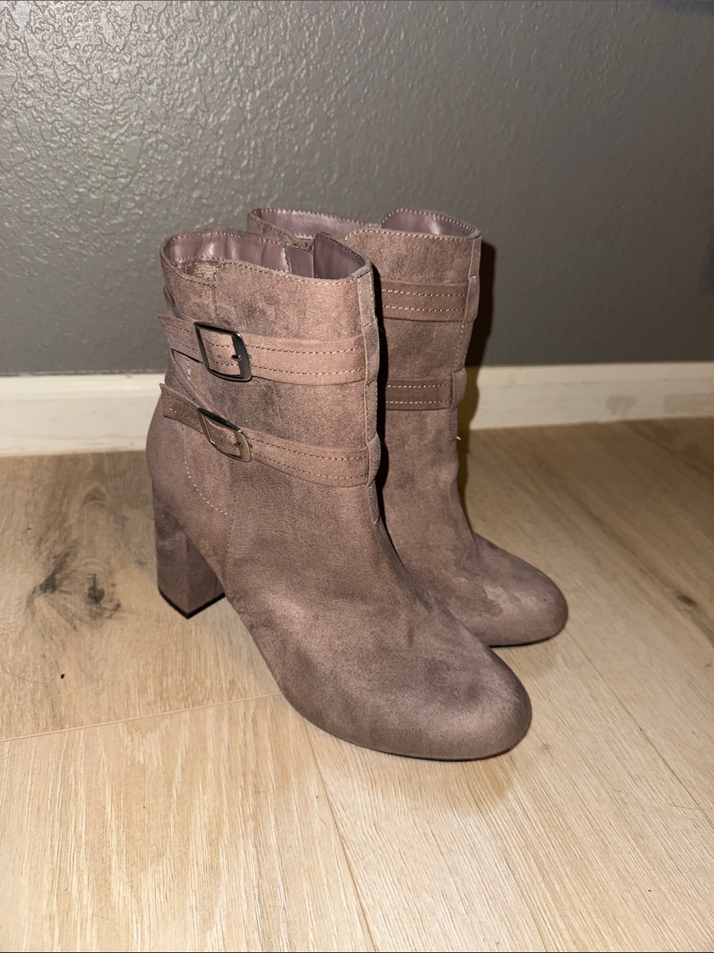 Christian Siriano Taupe Suede Buckle Ankle Boots